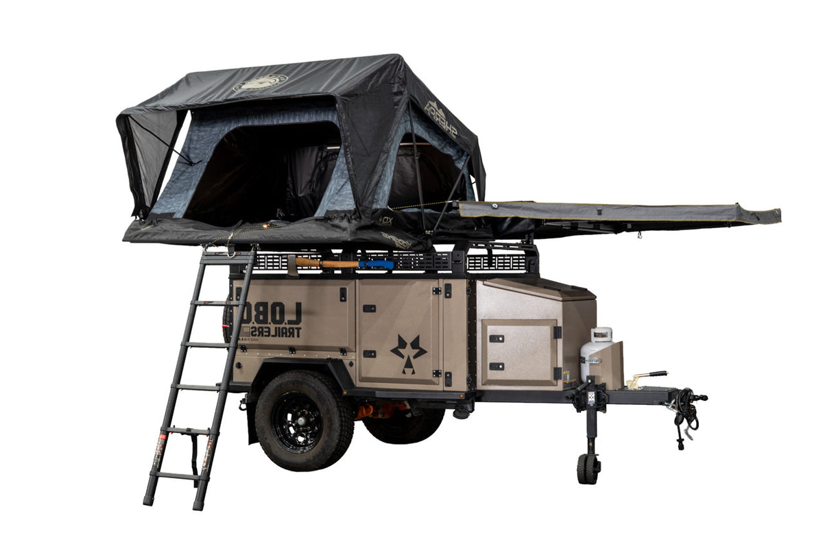 L.O.B.O. Alpha Pro Max overland trailer with hard-shell rooftop tent and 270-degree awning deployed